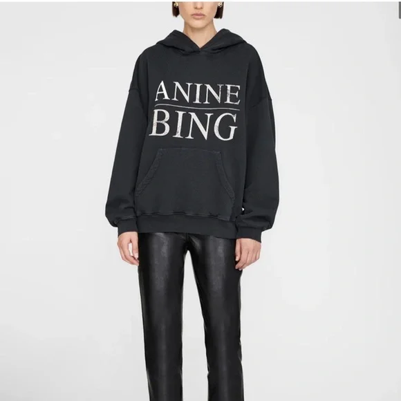 NWT Anine Bing $220 Faded Black/Grey Logo Hoodie XXS (VERY oversized) 23” PTP - Picture 2 of 11